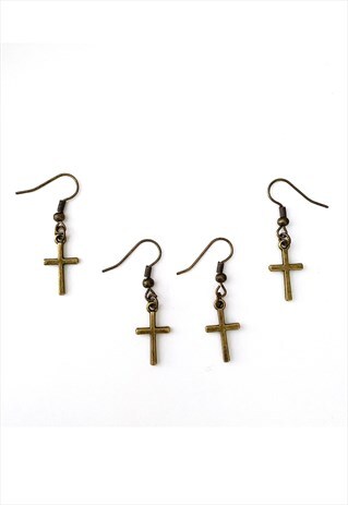 ANTIQUE BRONZE RELIGIOUS CROSS EARRINGS MEN WOMEN UNISEX
