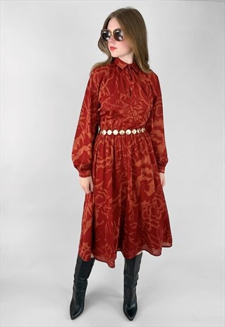 70's Vintage Ladies Midi Dress Dark Red Long Sleeve Small