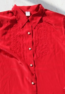 Red embroidered long sleeved button down collar shirt