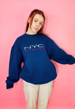 Vintage 90s New York City USA Embroidered Navy Sweatshirt
