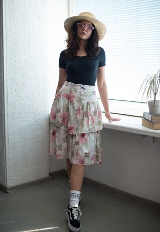 VINTAGE 80'S MIDI PASTEL FLOWER PATTERNED FRILL SKIRT