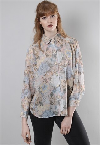 VINTAGE 80S FLORAL PATTERNED CHIFFON BLOUSE TOP