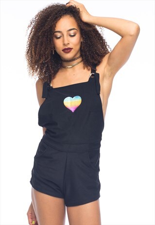 FESTIVAL DUNGAREE STYLE BLACK PLAYSUIT W/ RAINBOW HEART