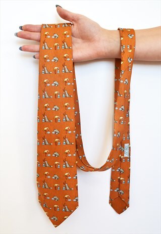 VINTAGE HERMES FOX & HERON ANIMAL FABLE PRINT SILK TIE