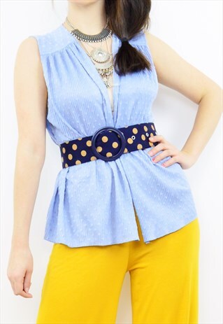 VINTAGE 90S NAVY BLUE AND TAN POLKA DOT FABRIC BELT