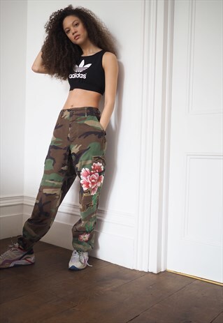 HAND-PAINTED, CUSTOMISED, CAMOUFLAGE, ARMY COMBAT TROUSERS