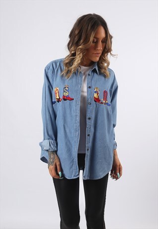 DENIM SHIRT OVERSIZED COWBOY BOOTS EMBROIDERED UK 12 (DHBK)