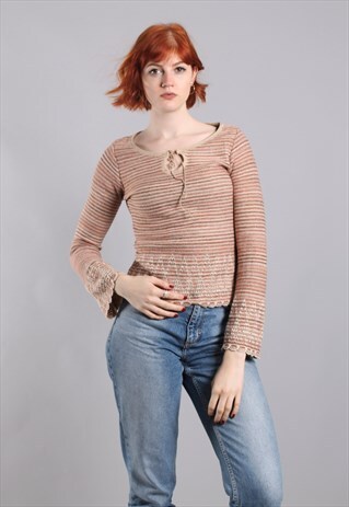 VINTAGE 90S STRIPE KNIT BOHO BELL SLEEVE TOP