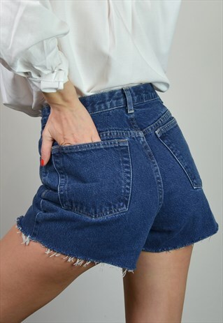 VINTAGE 90S DARK BLUE DENIM HIGH WAISTED FRAYED SHORTS