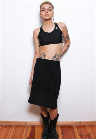VINTAGE 90S BLACK SUEDE LEATHER PENCIL SKIRT ID:8017