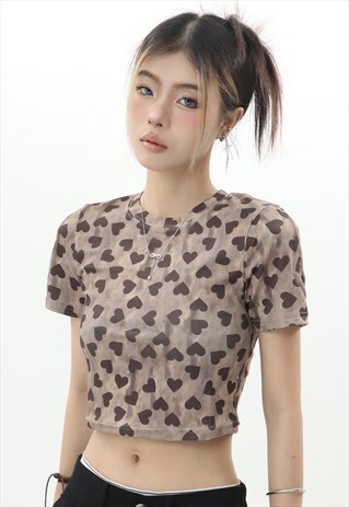 Heart print crop top tie-dye t-shirt grunge top in brown