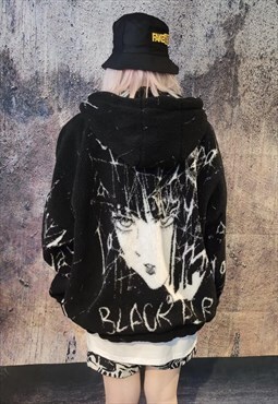Anime fleece jacket faux fur graffiti bomber jacket black