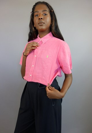 CORAL PINK RALPH LAUREN SHORT SLEEVED SHIRT WITH GREEN LOGO