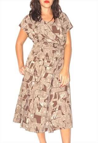 VINTAGE SHORT SLEEVE PATTERNED BROWN FESTIVAL DRESS