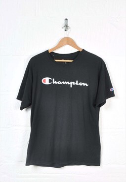 Vintage Champion Spell Out T-Shirt Crew Neck Black Large