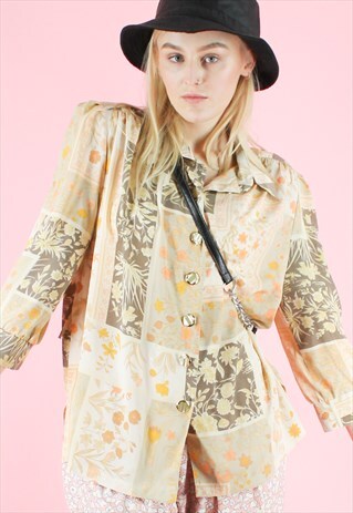 VINTAGE 90S SHIRT BLOUSE Y2K CREAM BEIGE YELLOW RETRO PRINT