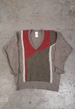 Vintage Abstract Knitted Jumper Beige Patterned V-Neck