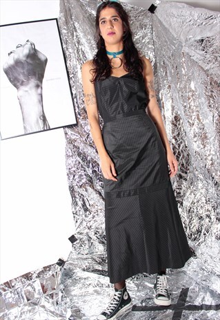 90S GRUNGE Y2K GOTHIC BLACK PIN-STRIPE CO-ORD SKIRT TOP