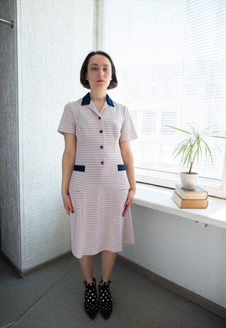 VINTAGE 80'S WHITE STRIPED MIDI SHORT SLEEVED DRESS