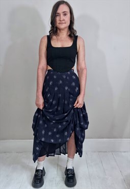 Vintage 90's Dark Blue Drop Waist Pleated Maxi Skirt