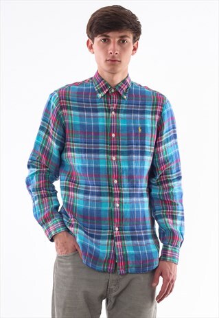 VINTAGE POLO RALPH LAUREN 90S BLUE PINK CHECKED LINEN
