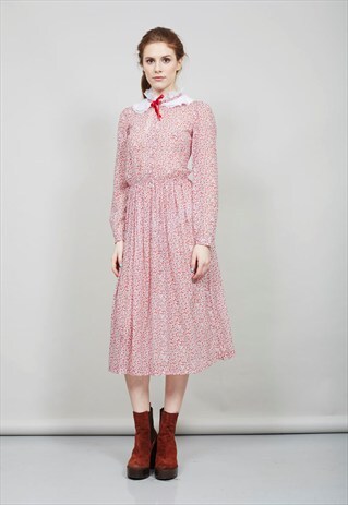 VINTAGE 70'S VICTORIAN INSPIRED SHEER FLORAL MIDI DRESS
