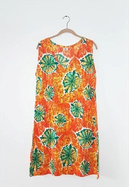 Vintage Orange Rayon Hawaiian Print Summer Dress, Size M