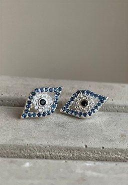 Crystal Evil Eye Studs, Sterling Silver Symbolism Jewellery