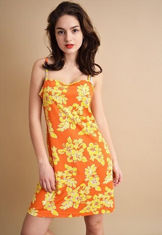 90'S RETRO BOHO KITSCH HAWAII FLORAL PATTERN MINI DRESS