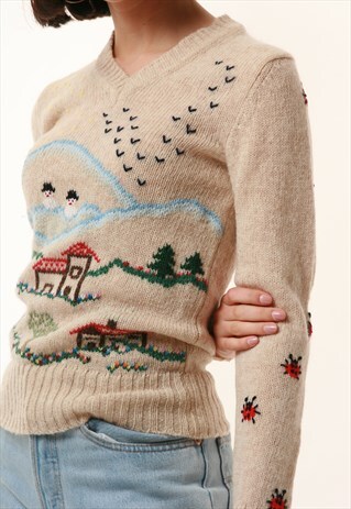 90S VINTAGE HANDKNITTED PATTERN WINTER SWEATER JUMPER 1142