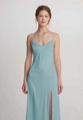 SATIN SLIP MIDI COCKTAIL CASUAL DRESS WITH SLIT