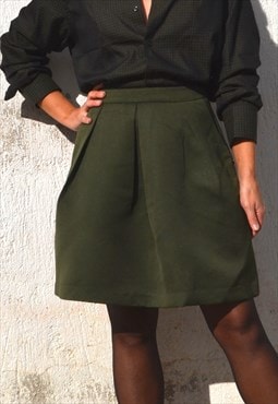 Khaki green heavy satin pleated above the knee skirt