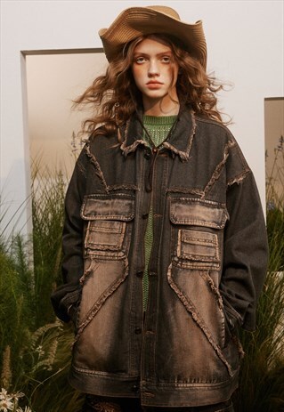 VINTAGE WASH DENIM JACKET BLEACHED JEAN VARSITY RIPPED COAT