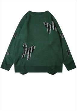 Ripped sweater knitted butterfly jumper distressed top green