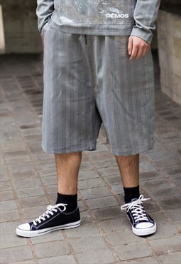 Grey Retro Striped Premium Wool oversize drop crotch shorts