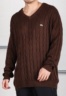 Vintage Lacoste Jumper in Brown Cable Knitted Sweater XXL