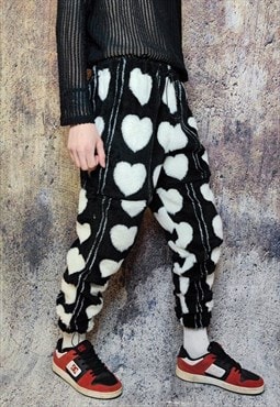 Heart fleece joggers detachable fluffy festival pants black