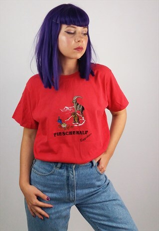 VINTAGE 80'S FOREST ANIMALS EMBROIDERY T-SHIRT IN RED