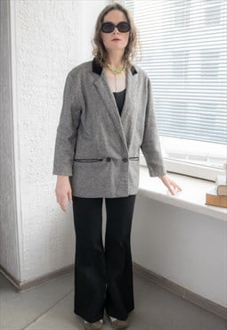 Vintage 80s Grey Long Fit Velvet Collar Blazer