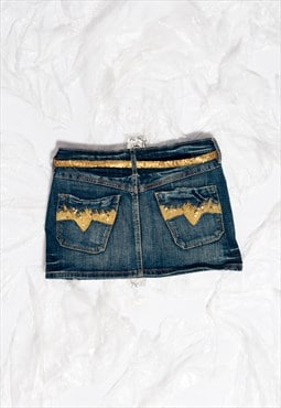 Vintage Denim Skirt Y2K Extra Mini Golden Low Rise Skirt