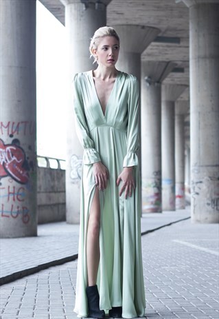 BASTET NOIR MINT SATIN SILK BAREBACK MAXI DRESS
