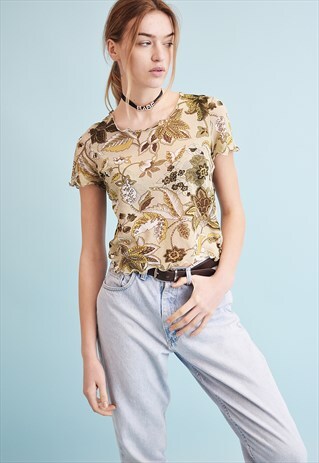 90'S RETRO KITSCH FLORAL PRINT SHEER MESH CROP TOP