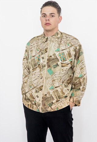 90S VINTAGE BEIGE AND TURQUOISE BOMBER JACKET