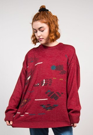 VINTAGE 90'S RED ABSTRACT PATTERN OVERSIZE KNIT JUMPER