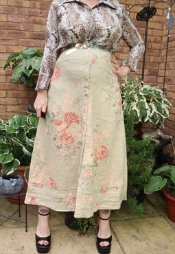 Vintage 90s Green Cottage Floral Flower Festival Maxi Skirt