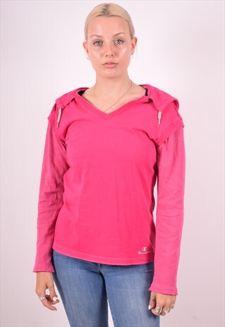 CHAMPION WOMENS VINTAGE HOODIE TOP LARGE PINK 90S