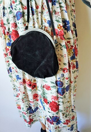 VINTAGE BLACK SUEDE LEATHER SHOULDER BAG PURSE HAND BAG TOTE