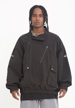 Utility windbreaker grunge rain jacket asymmetric coat black