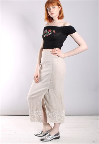VINTAGE 90S BEIGE LINEN EMBROIDERED MAXI WRAP SKIRT