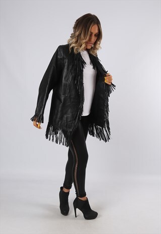 LEATHER FRINGE TASSEL JACKET VINTAGE UK 14 (3DI)